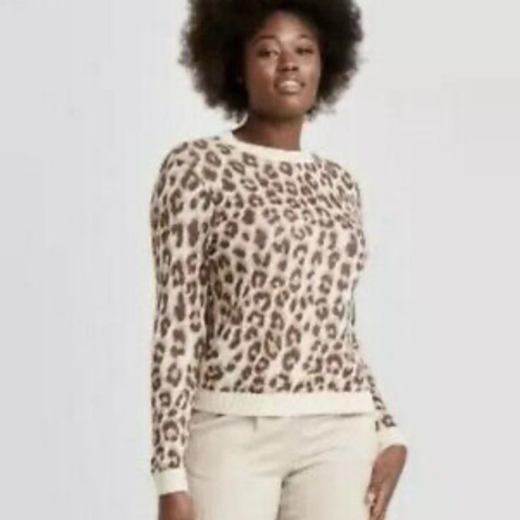 A New Day Cream Brown Leopard Print Knit Crewneck Pullover Sweater Size Small - Picture 11 of 11